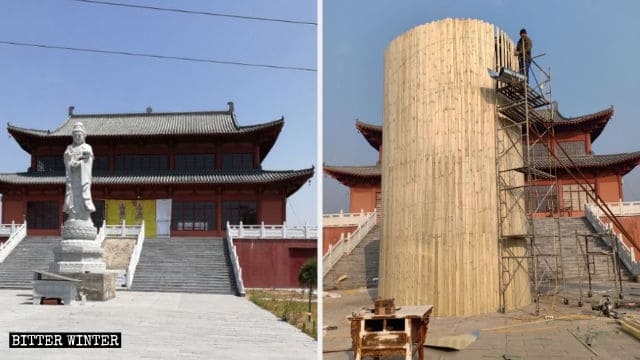 La statue de Guanyin devant le temple Fusheng avant et après avoir été revêtue de tôles de fer.