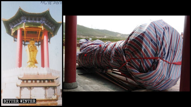 La statue de Guanyin dans le temple de Shanyuan, avant et après sa démolition.
