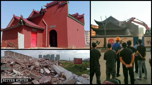 Le temple Fuzhu dans le comté de Nanfeng avant et après la démolition.