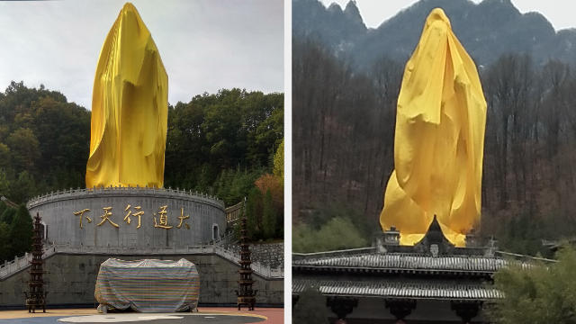 La statue de Lao-Tseu est entièrement recouverte d’un tissu jaune