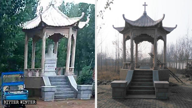Un pavillon dans l’église catholique du comté de Wuyi avant et après le retrait de la statue du saint.