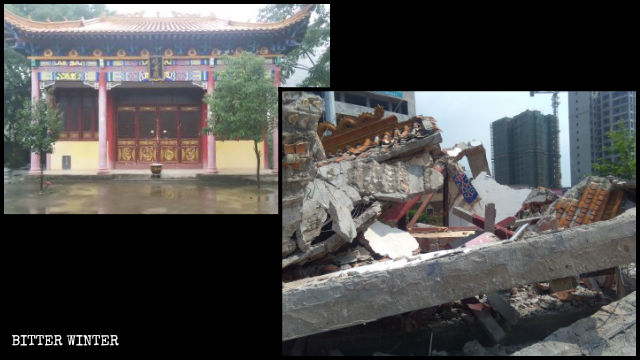 La salle Guanyin avant et après sa démolition.