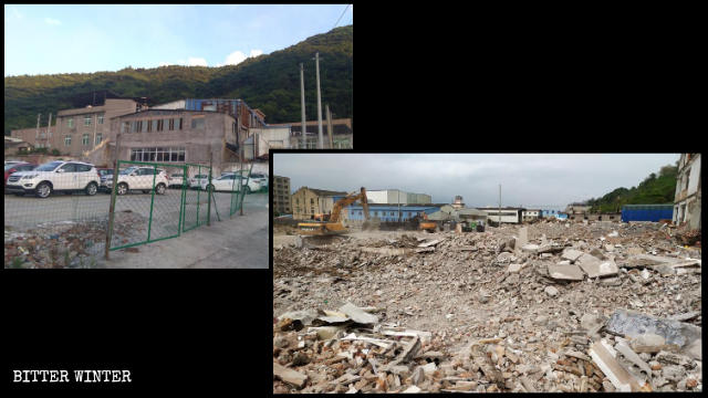 Le lieu de rassemblement d’une église de maison dans la ville de Tangxia avant et après la démolition.