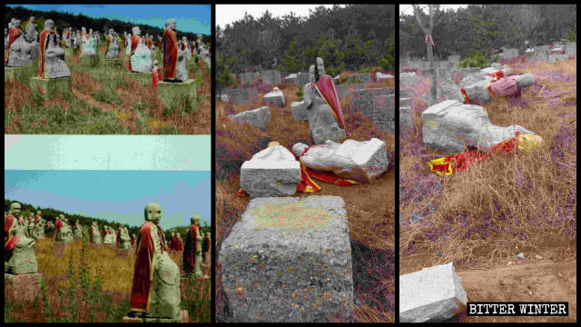 Les statues d’Arhat avant et après avoir été renversées et endommagées.