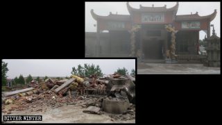 Le Temple de la Terre Pure avant et après sa démolition.