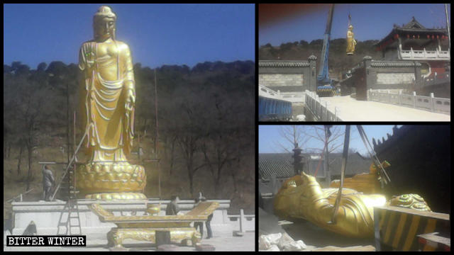La statue de Bouddha du temple de Yongning avant et après l’enlèvement.