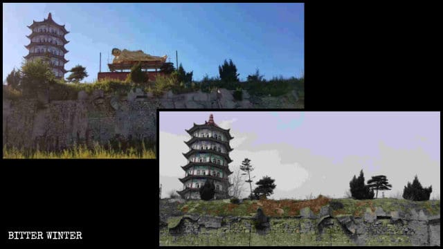 La statue de Shakyamuni couché du temple de Lingbao avant et après son démantèlement.