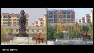 Statue hybride démolie, comportant le corps de Guanyin et la tête de Confucius.