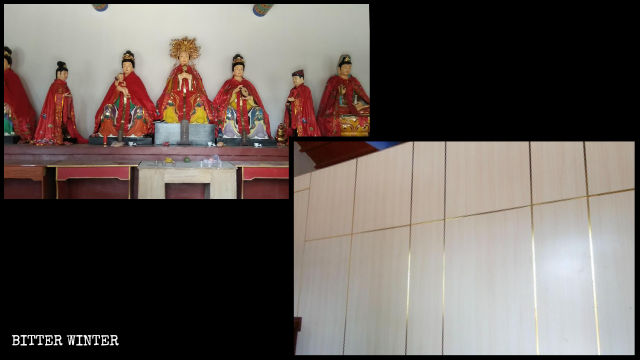 Statues de divinités à l’intérieur du Palais Bixia recouvertes à l’aide de planches.