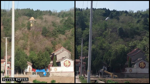 La statue de Bouddha du village de Shangzhuang avant et après sa dissimulation.
