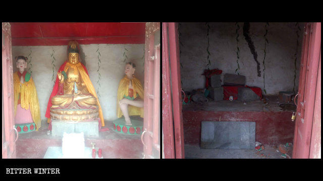 La statue de Guanyin dans le temple de Shengquan avant et après son démantèlement.