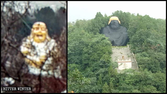 La statue de Maitreya dans la vallée de Liuxian avant et après qu’on l’ait recouverte.