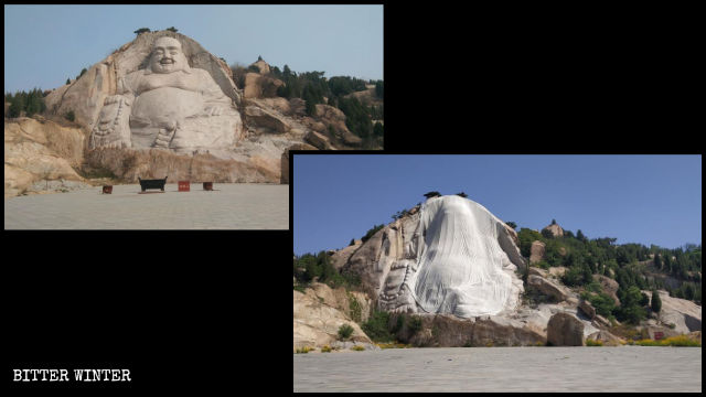 La statue de Maitreya sur le mont de la Roche encrée avant et après qu’on l’ait recouverte.