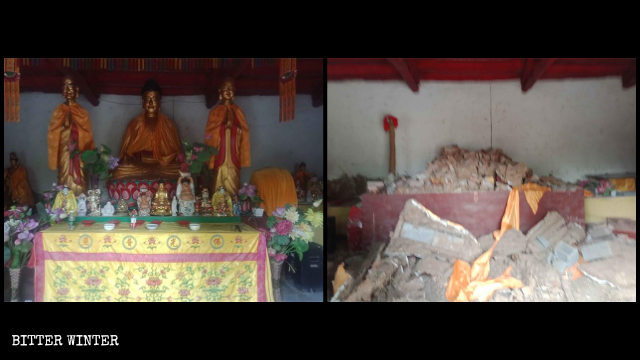 Les statues bouddhistes de la Salle de la grande force du temple Shengquan avant et après leur destruction.