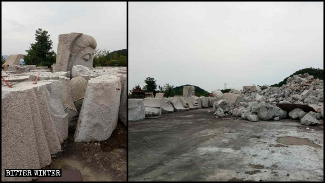 La statue de Guanyin réduite en miettes.