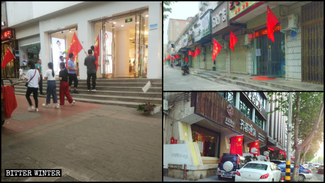 Les commerçants ont reçu l’ordre de hisser les couleurs chinoises devant chaque magasin de la ville de Xinmi.