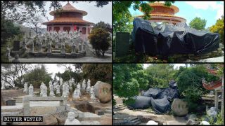 Les statues d’Arhats au temple bouddhiste de Dongming avant et après leur dissimulation.