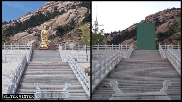Une statue de Bodhisattva dans le temple de Gaofu, dans la ville de Pingdu, a été recouverte après la fermeture du temple.