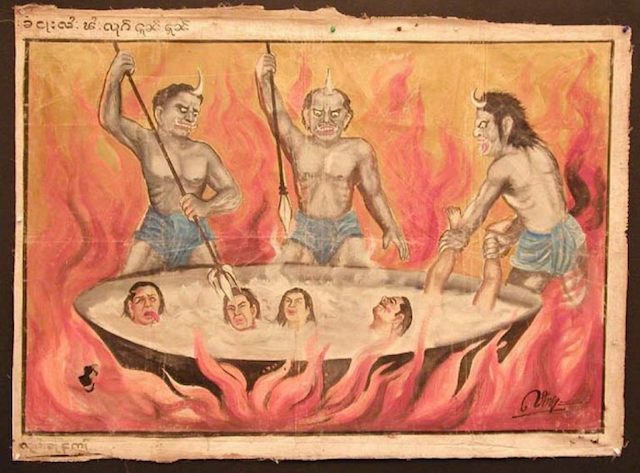 Une représentation bouddhiste de démons torturant ceux qui ont commis des actes honteux en enfer.
