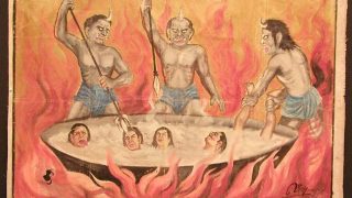 Une représentation bouddhiste de démons torturant ceux qui ont commis des actes honteux en enfer.