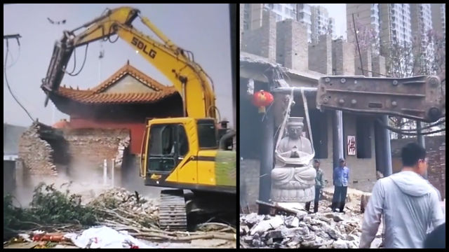 Capture d’écran d’une vidéo postée sur WeChat sur laquelle on voit le temple de Zhantan détruit.