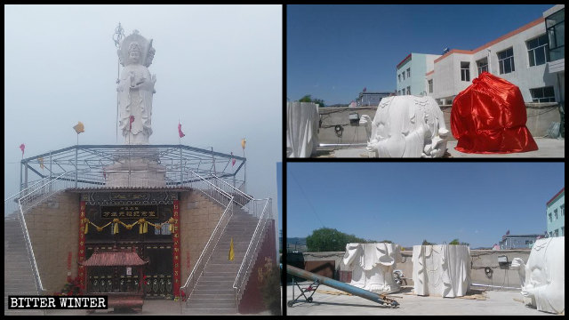 La statue de Guanyin à l’intérieur du temple de Xuanlong dans la ville de Datong avant et après avoir été cassée en petits morceaux.