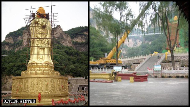 La statue de Guanyin était entourée d’échafaudages et une grande grue a été utilisée pour la démonter.
