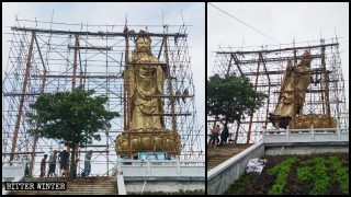 Des ouvriers ont dressé un échafaudage autour de la statue de Guanyin du temple Qingguo et l’ont ensuite démantelée.