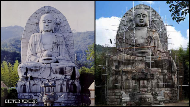 Des barres d’acier ont été installées autour de la statue de Kṣitigarbha, en préparation des travaux de construction pour la recouvrir.