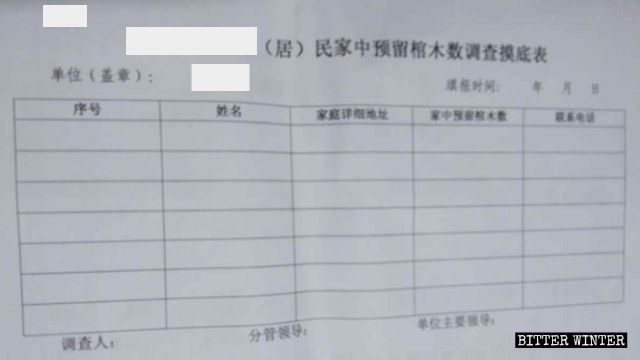 Formulaire d’enquête pour vérifier le nombre de cercueils que les résidents d’une localité de la province de Jiangxi gardent chez eux.