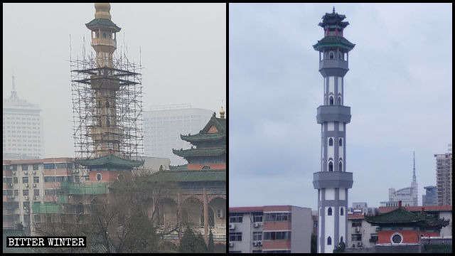 Le minaret de la mosquée de Beida à Zhengzhou avant et après avoir été « sinisé ».