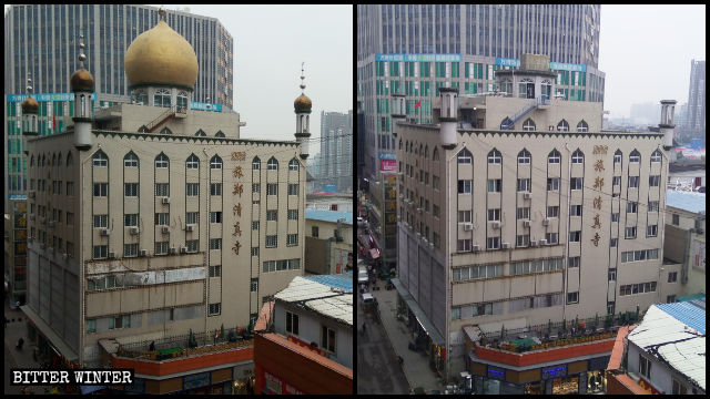 La mosquée de Lüzheng avant et après le retrait de son dôme et de ses symboles de croissant de lune.