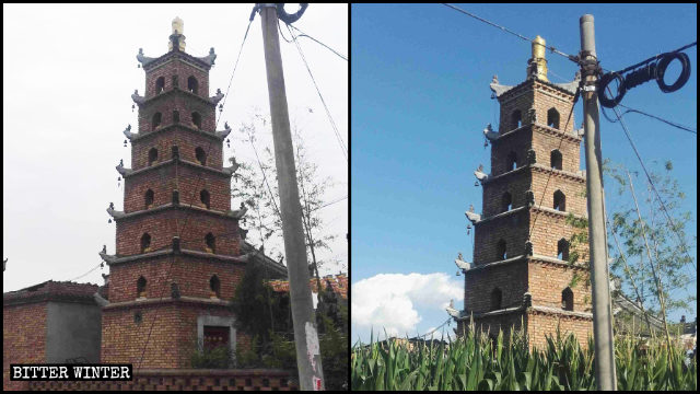La pagode bouddhiste à l’intérieur du temple Lingying avant et après le retrait de ses statues.