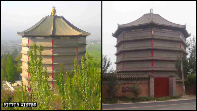 La pagode de Haihui avant et après le retrait du « Bouddha aux Trois visages » de son toit.