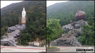 Statue d’une divinité bouddhiste remplacée par une théière géante