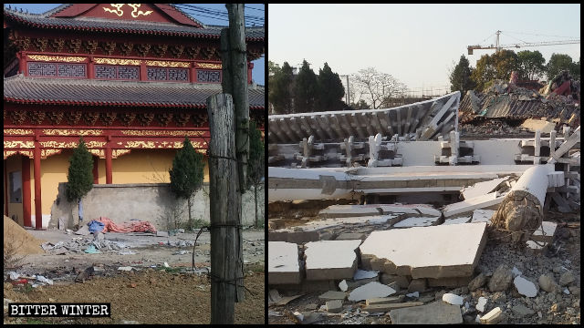 Le hall principal du temple Xi avant et après sa démolition.