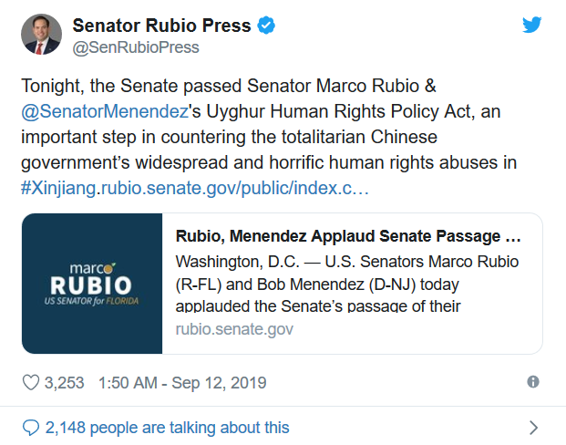 Dans la nuit du 11 au 12 septembre, le sénateur Marco Rubio twitte au sujet de l’important vote au Sénat.