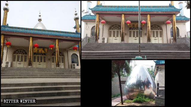 Le dôme, les symboles du croissant de lune et de l’étoile ont été retirés d’une mosquée de la ville de Yuecun sous la juridiction de la ville de Xinmin.