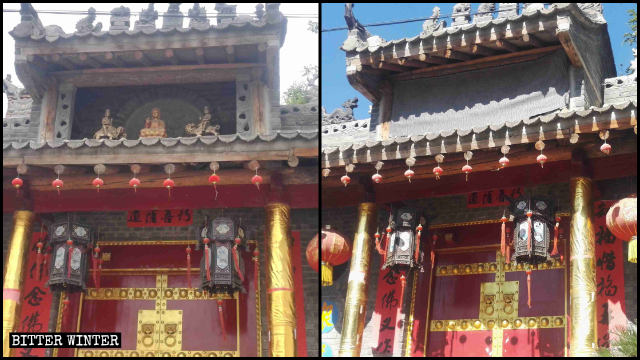 Trois petites statues au-dessus de l’entrée du temple Lingying ont été recouvertes de tissu.