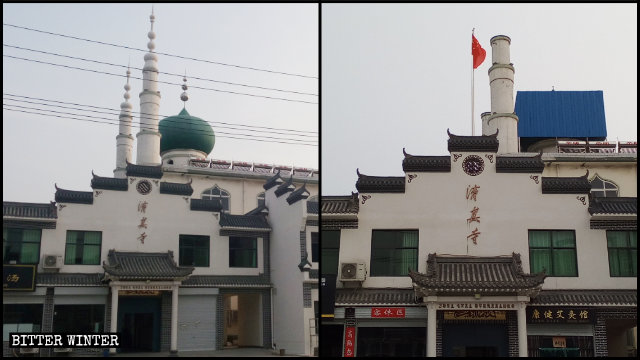Les symboles islamiques ont été remplacés par un drapeau national au sommet d’une mosquée dans le comté de Bo’ai, administrée par la ville de Jiaozuo du Henan.
