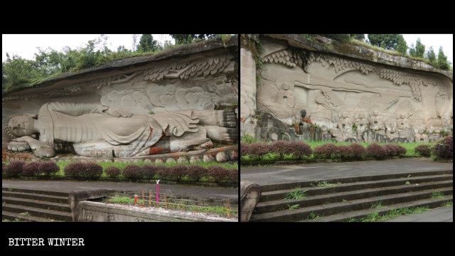 Statue de Bouddha couché sur le mont Lingyun avant qu’elle ne soit couverte.