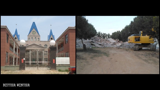 Une église des Trois Autonomies du comté de Wuzhi avant et après sa démolition.